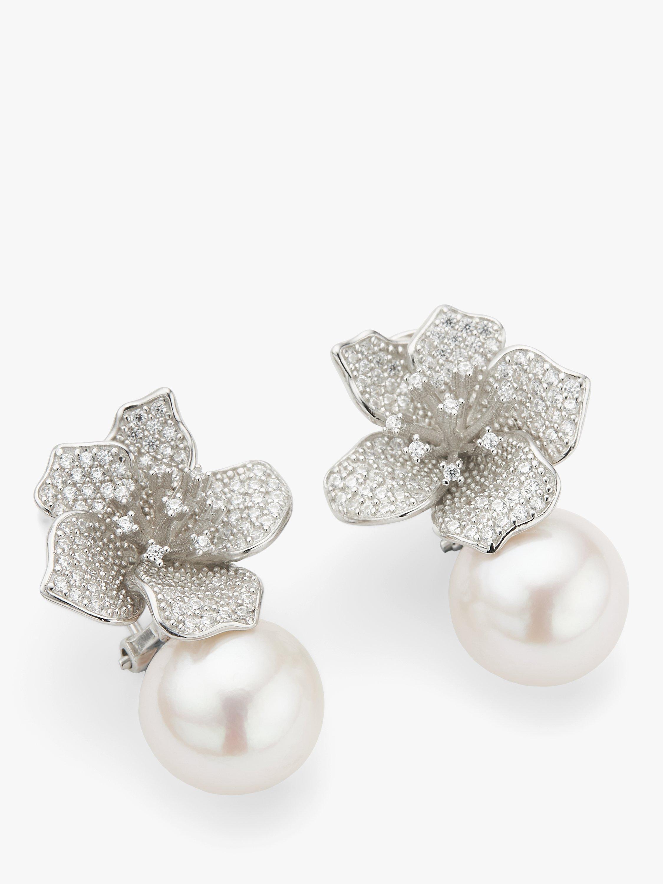 Product image 1 of 5, which shows Lido Freshwater Edison Pearl & Cubic Zirconia Leaf Earrings, Silver