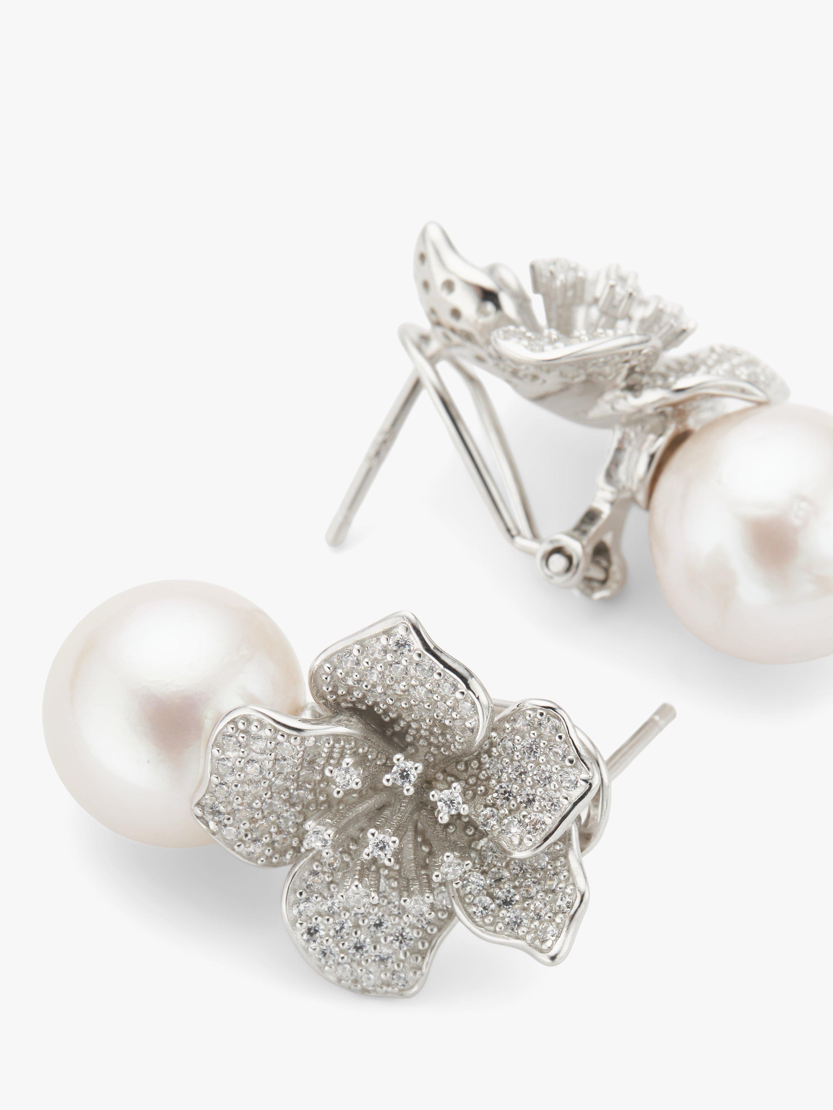 Product image 2 of 5, which shows Lido Freshwater Edison Pearl & Cubic Zirconia Leaf Earrings, Silver