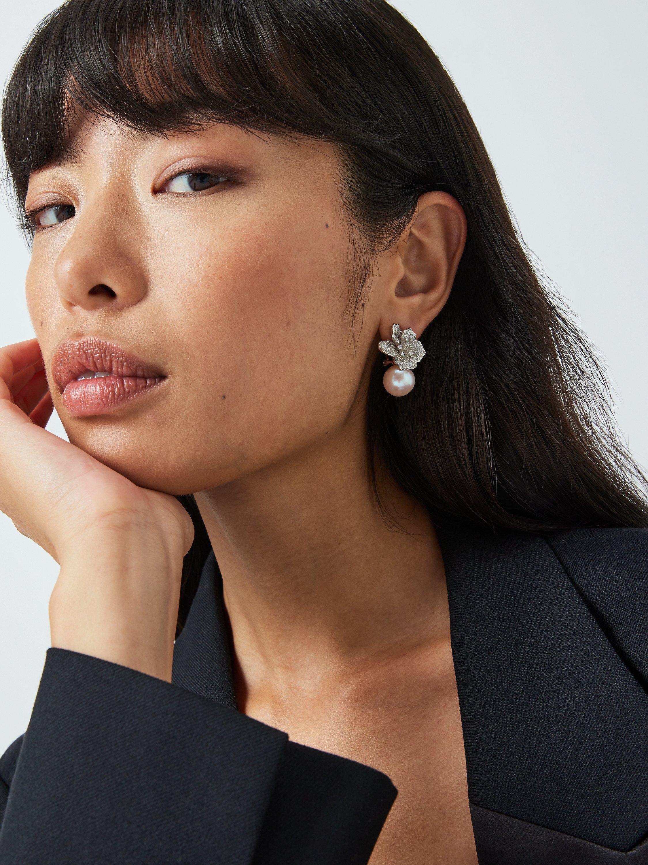 Product image 4 of 5, which shows Lido Freshwater Edison Pearl & Cubic Zirconia Leaf Earrings, Silver