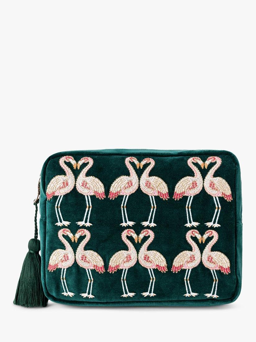 Elizabeth Scarlett Kissing Flamingos Wash Bag, Emerald