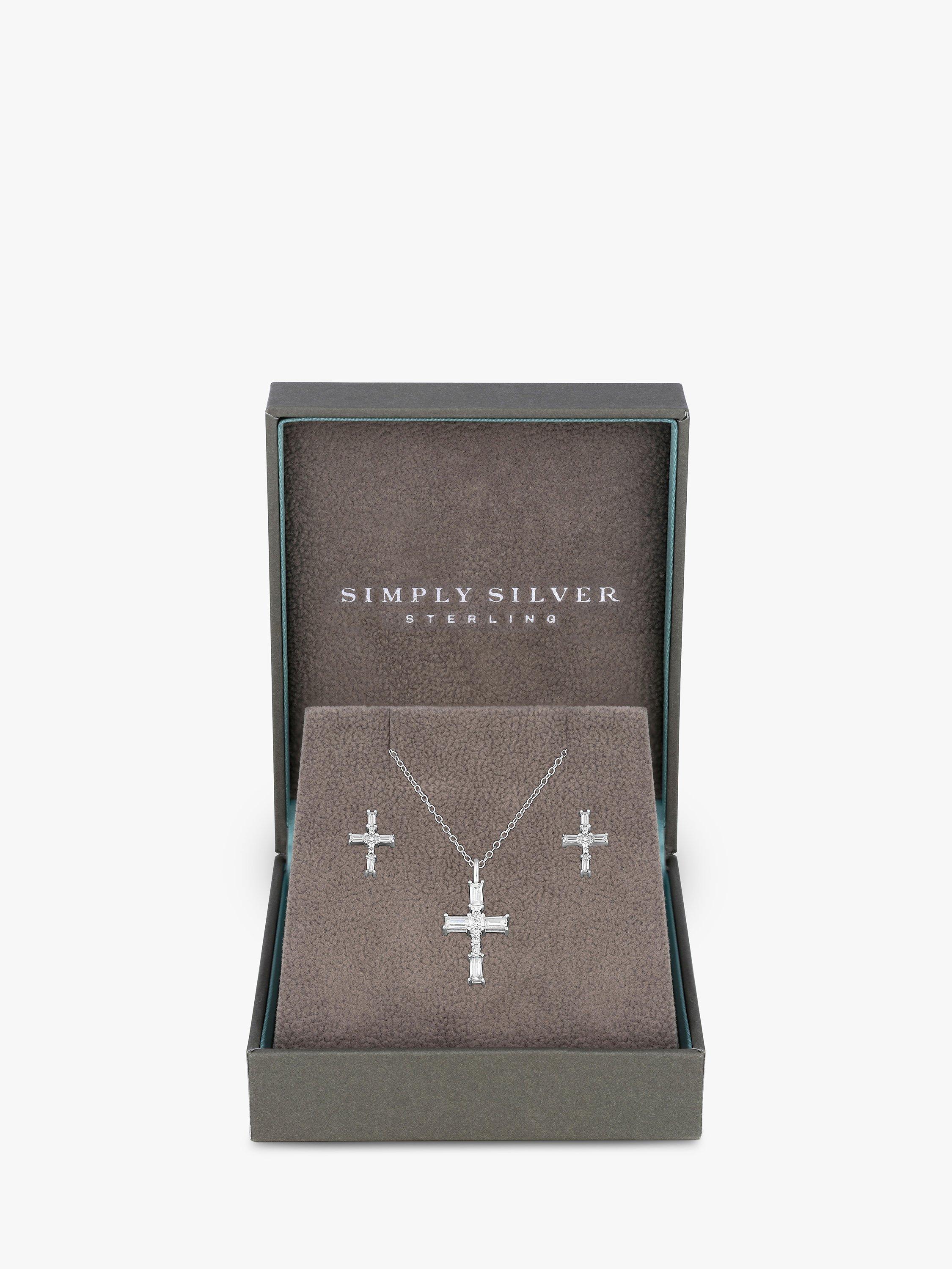 Simply Silver 925 Cubic Zirconia Cross Pendant And Earring Set