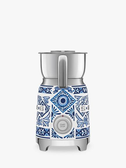 Smeg Dolce & Gabbana MFF01DGBUK Mediterraneo Milk Frother, Blue/White - view 2, Blue/White