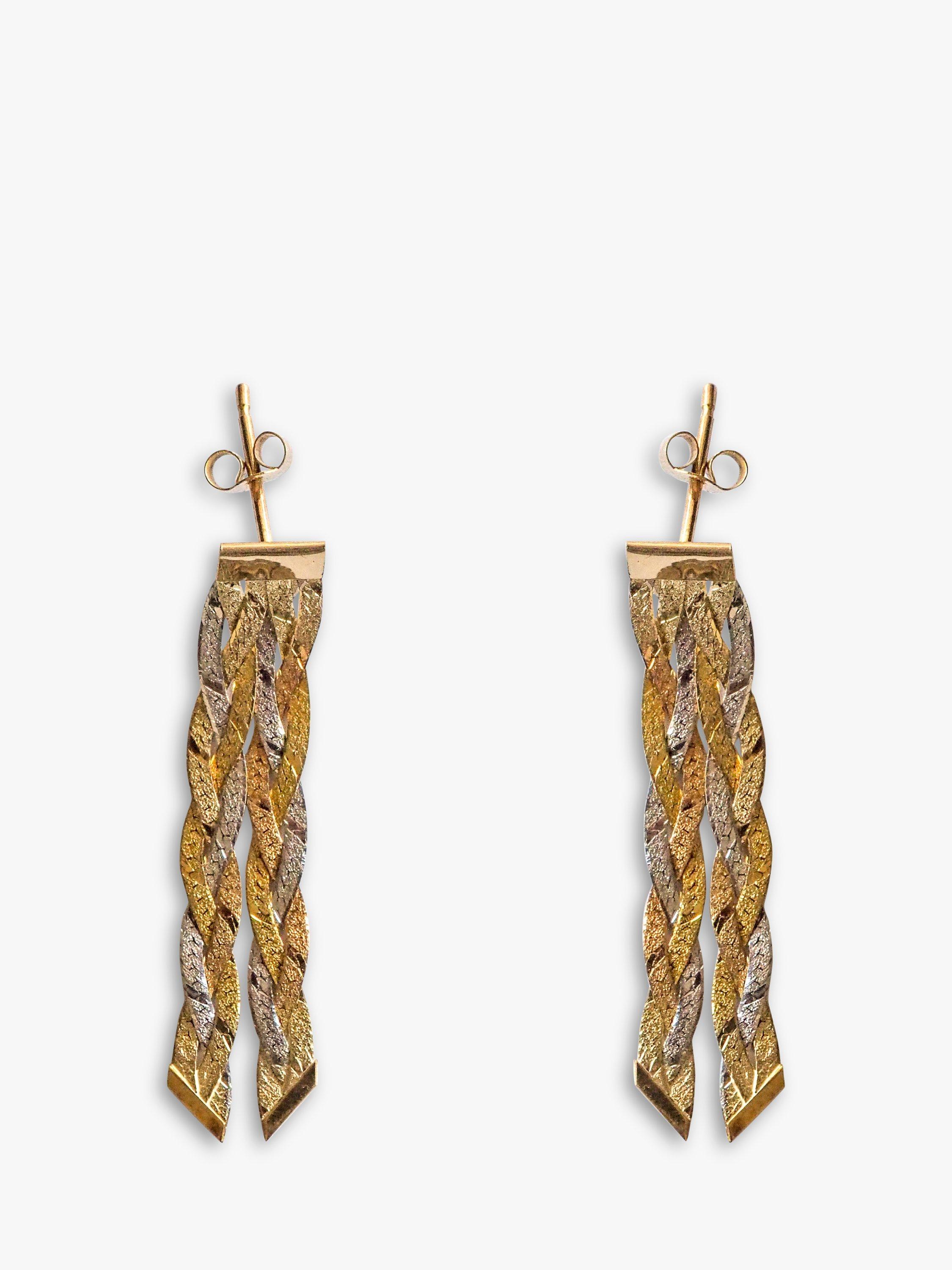 L & T Heirlooms Pre-Loved 9ct Yellow White and Rose Gold Plaited Drop Earrings