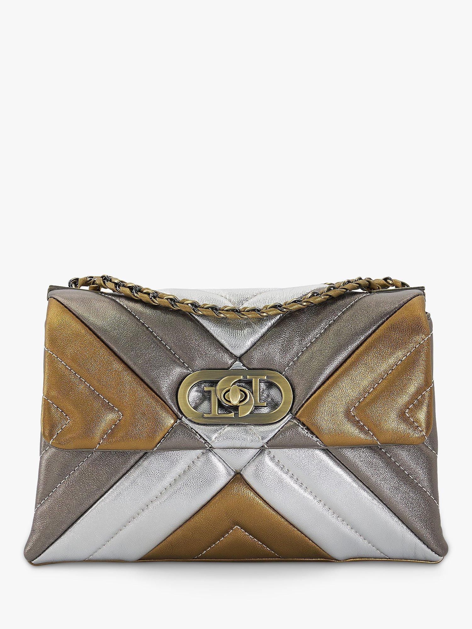 Product image 1 of 3, which shows Dune London Regent Leather Quilted Shoulder Bag, SIlver/Multi
