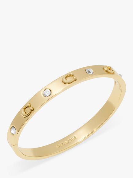 Coach Logo and Crystal Hinged Bangle - view 2, Gold