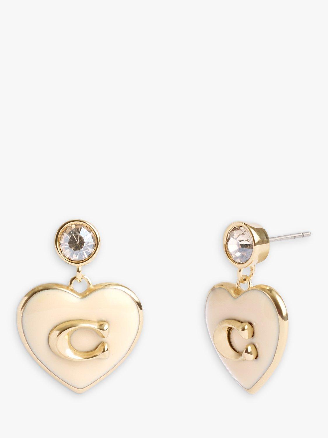 Coach Enamel and Crystal Heart Drop Earrings, Gold/Chalk