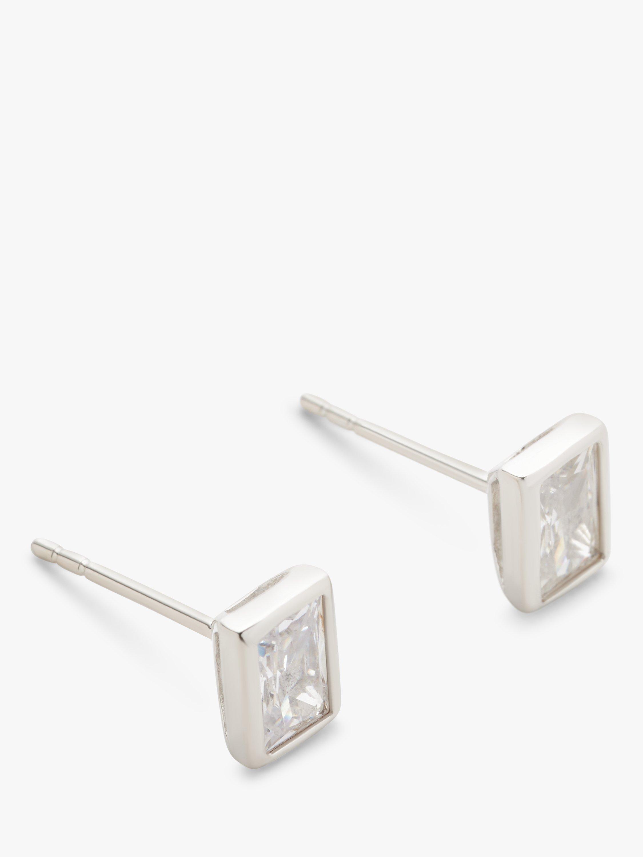 Product image 1 of 3, which shows John Lewis Earring Edit Baguette Cubic Zirconia Rub Over Stud Earrings, Silver