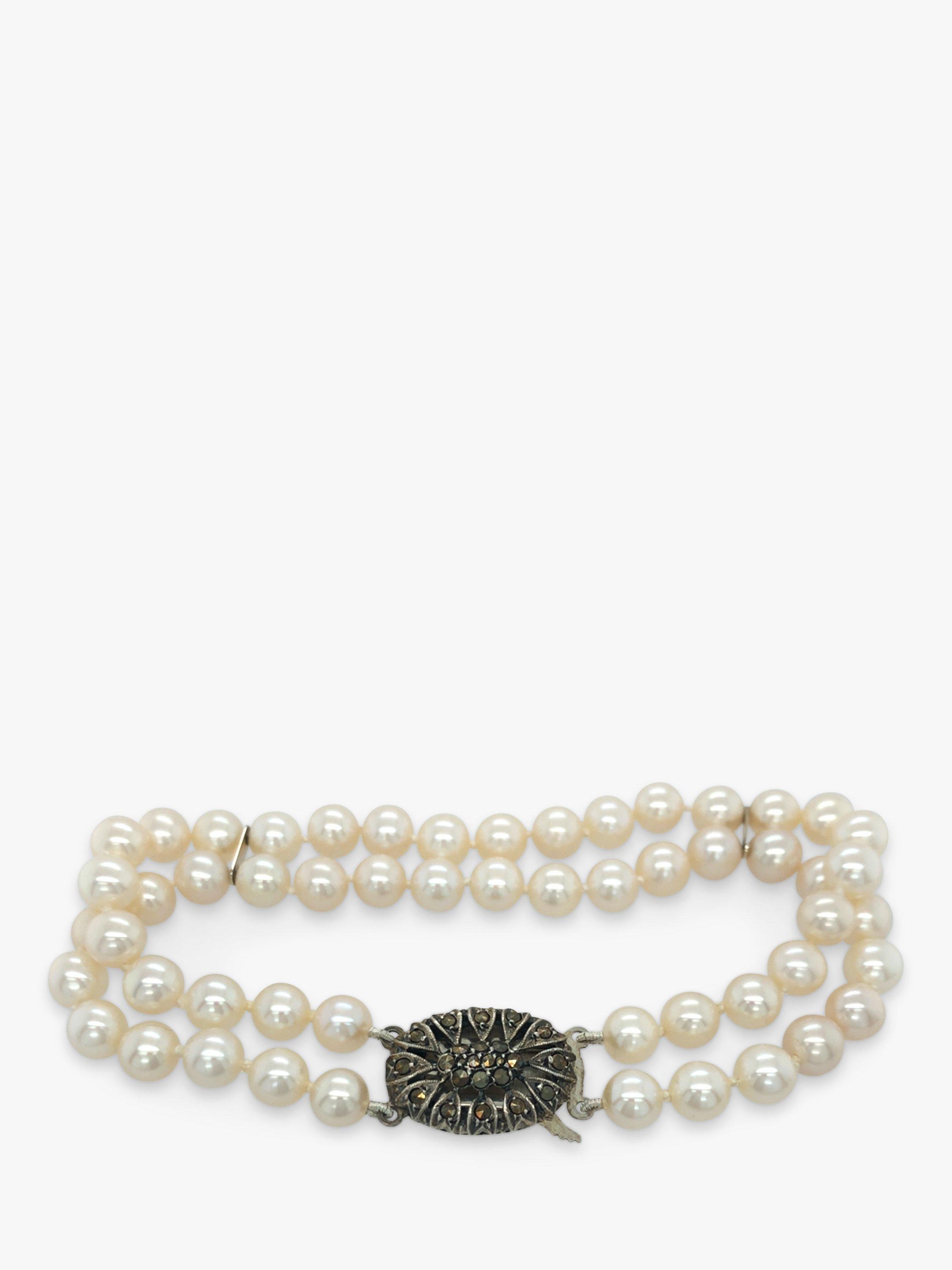 Vintage Fine Jewellery Pre-Loved Silver Marcasite Clasp Double Row Pearl Bracelet, Dated Circa 1950s