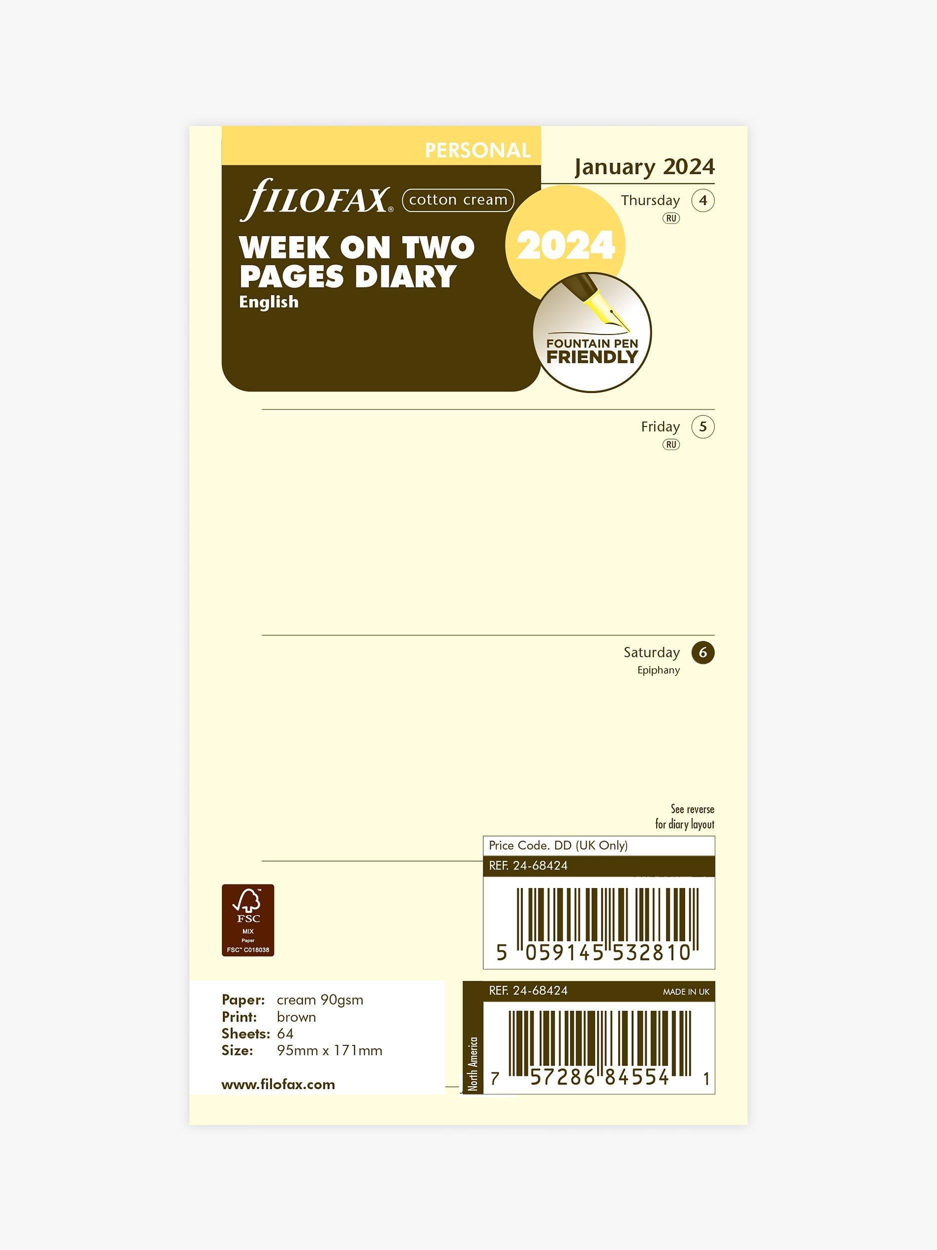 Filofax Personal Week on Two Pages 2024 Personal Organiser Insert, Cotton Cream