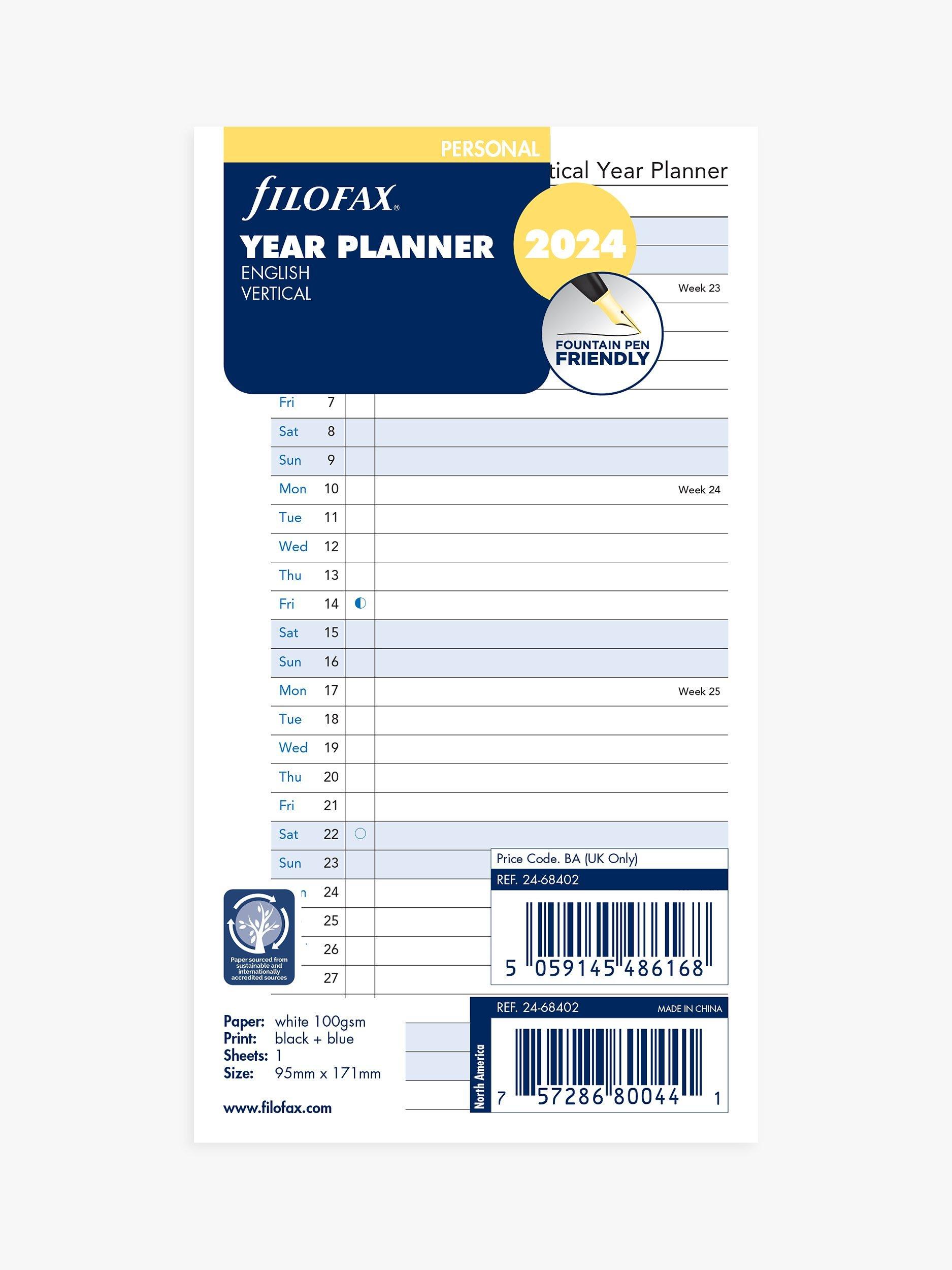 Filofax Personal Vertical Year Planner 2024 Personal Organiser Insert, White