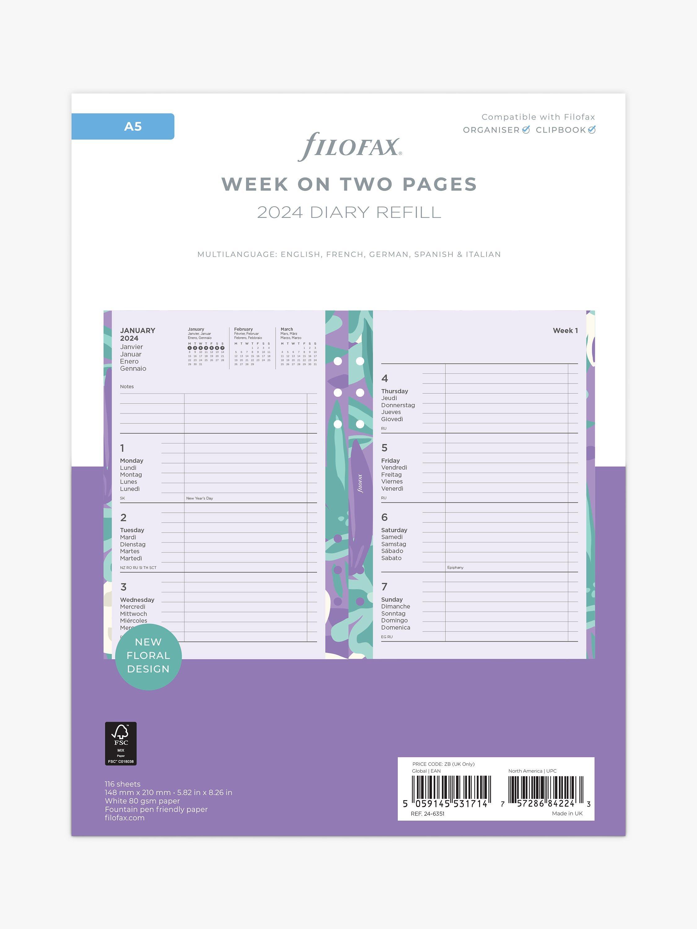 Filofax A5 Floral Week on Two Pages 2024 Personal Organiser Insert, Multi