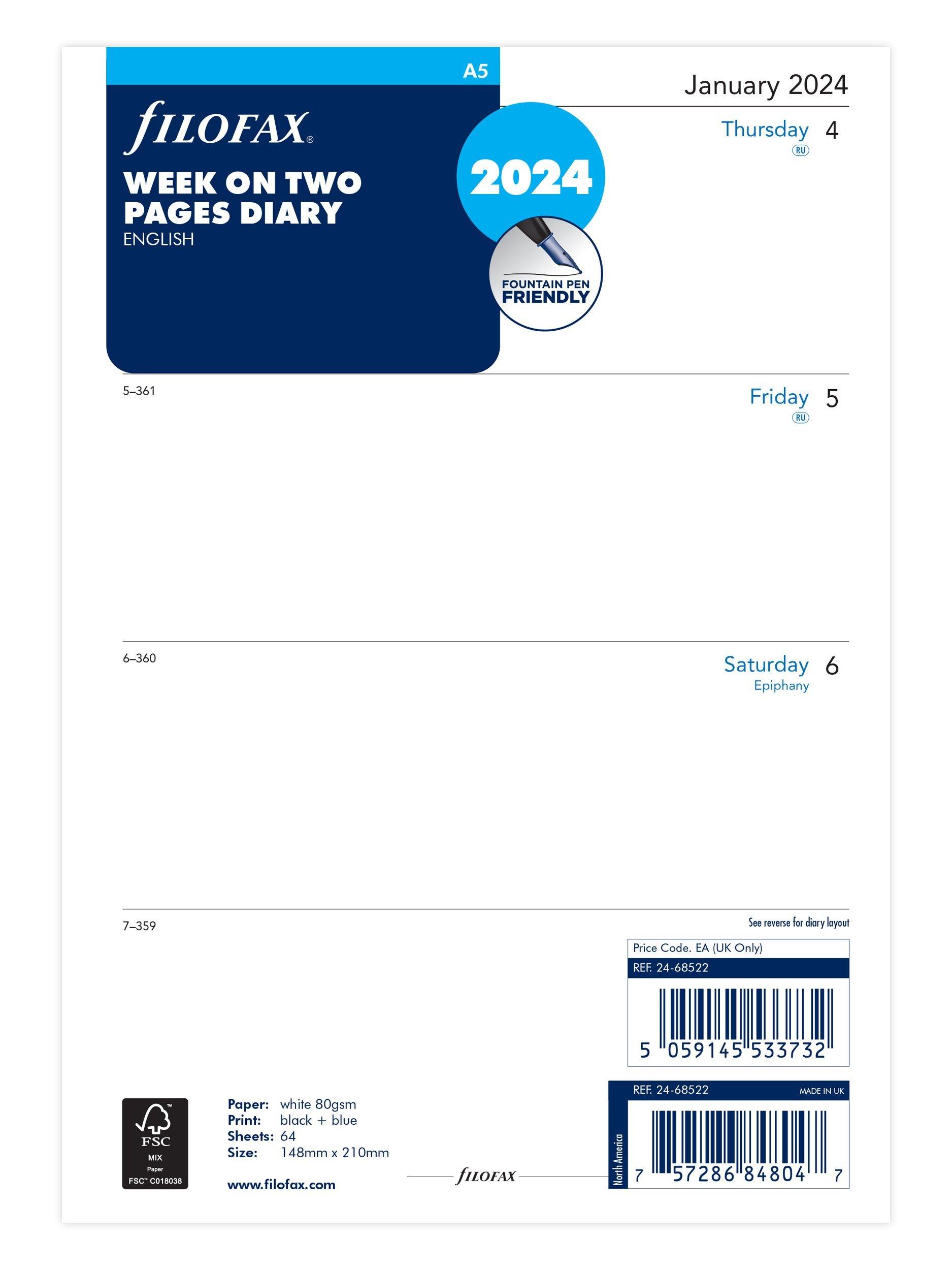 Filofax A5 Week on Two Pages 2024 Personal Organiser Insert, White