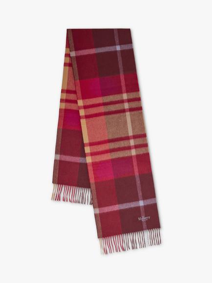 Mulberry Small Check Merino Lambswool Scarf, Black Cherry/Dark Gold