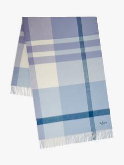 Mulberry Large Check Merino Wool Scarf, Poplin Blue & White