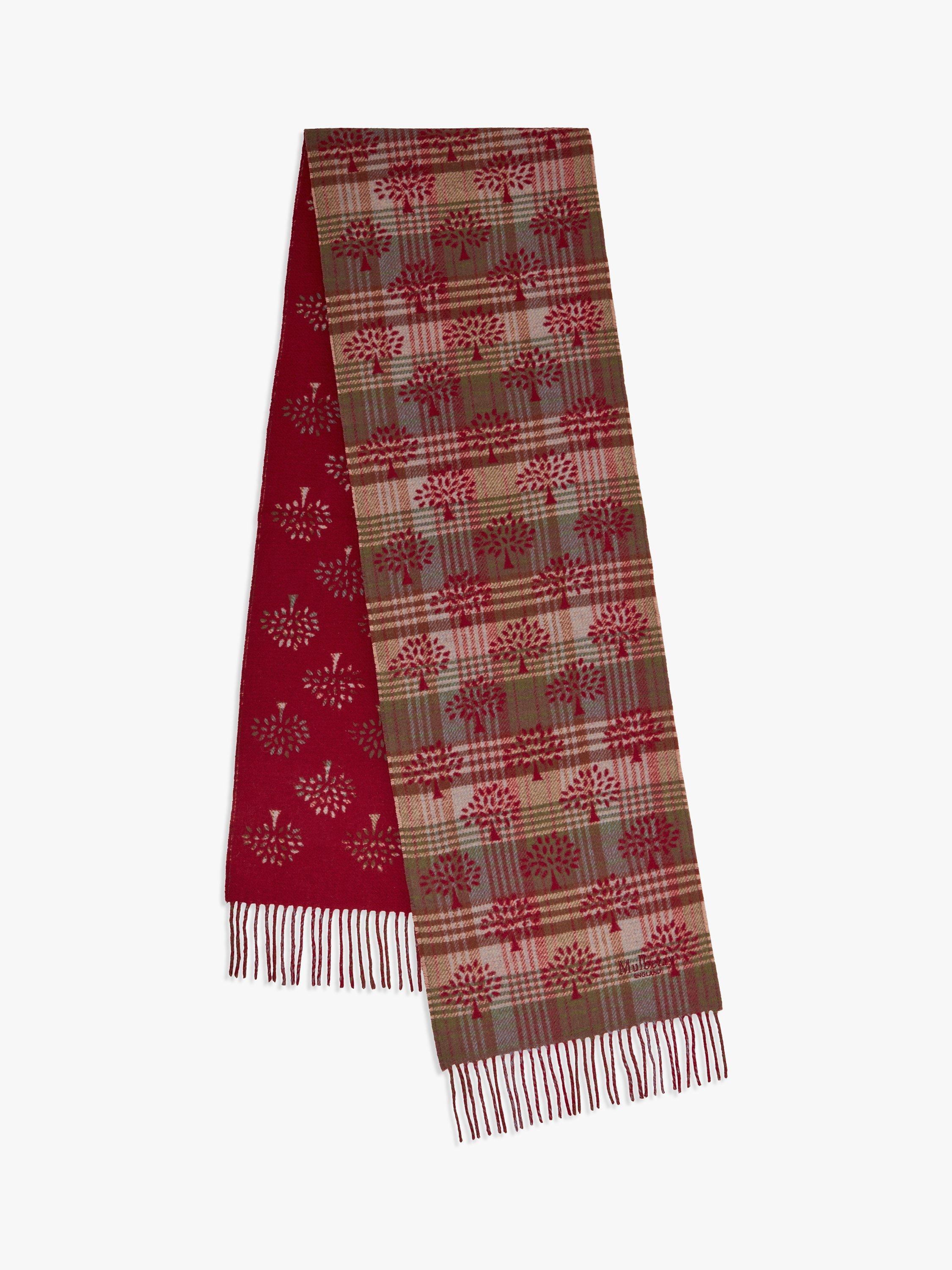 Product image 1 of 4, which shows Mulberry Heritage Check & Tree Merino Wool Scarf, Moss