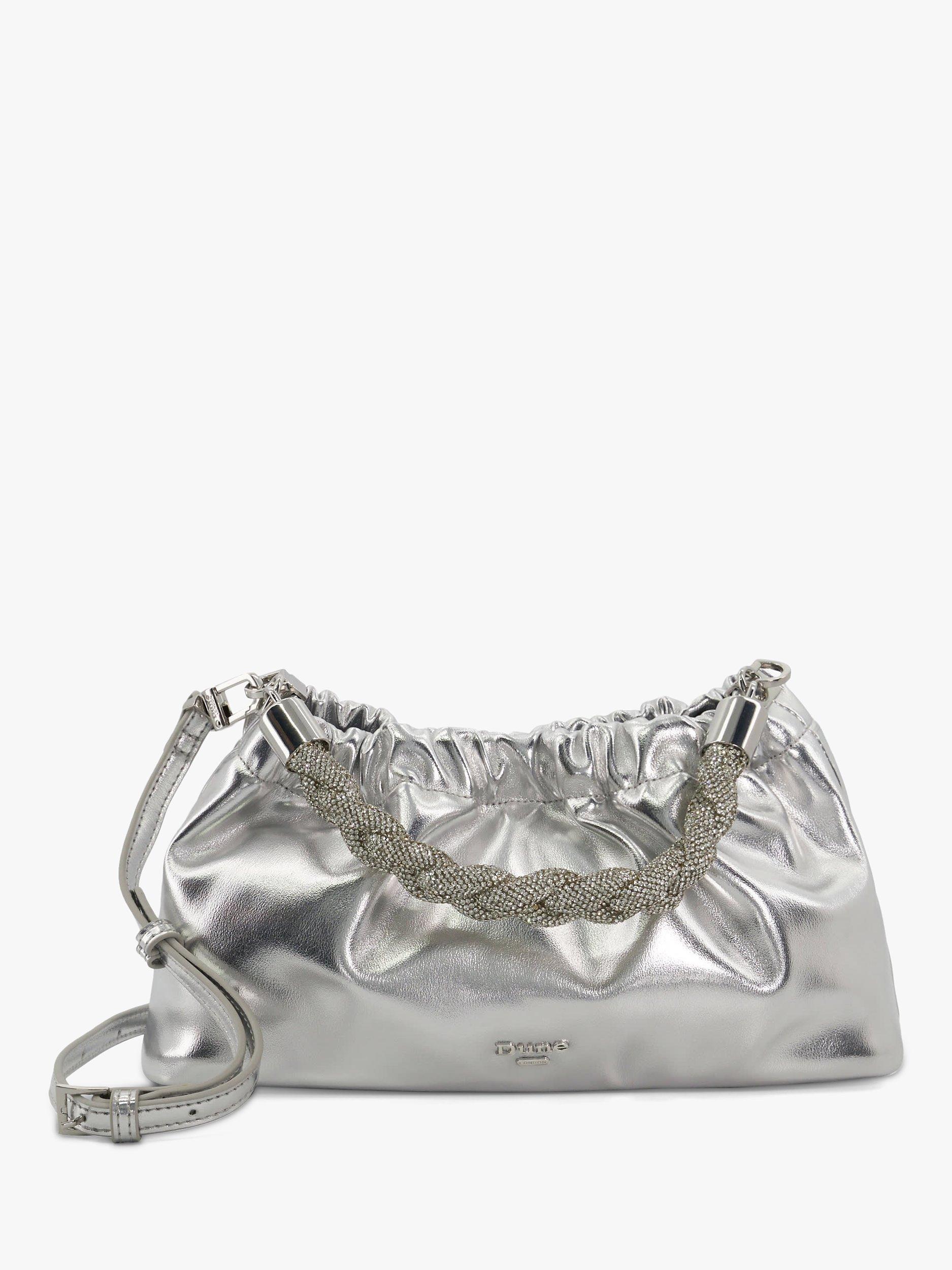 Product image 1 of 3, which shows Dune Bonanza Embellished Handle Clutch Bag, Silver