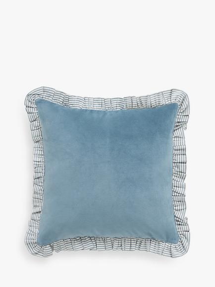 John Lewis Velvet Frill Cushion, Lake Blue
