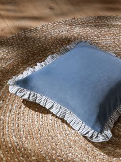 John Lewis Velvet Frill Cushion - view 2, Lake Blue