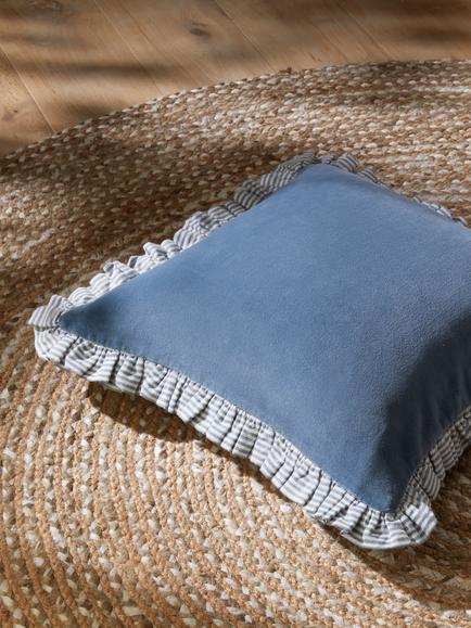 John Lewis Velvet Frill Cushion - view 2, Lake Blue