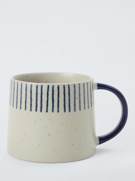 John Lewis Halfway Stripe Stoneware Mug, 330ml, Blue/White, Blue/White