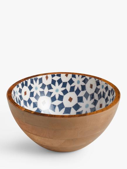 John Lewis Lisbon Tile Salad Bowl, 24cm, FSC-Certified (Mango Wood), Natural/Blue, Natural/Blue