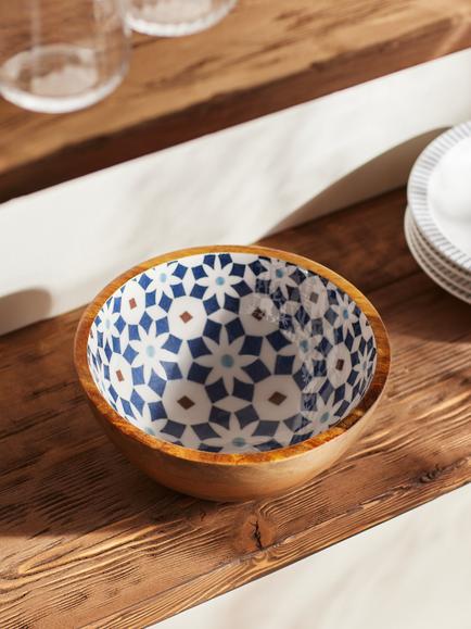John Lewis Lisbon Tile Salad Bowl, 24cm, FSC-Certified (Mango Wood), Natural/Blue - view 2, Natural/Blue