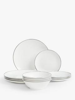 John Lewis ANYDAY Band Porcelain Dinnerware Set, 12 Piece, Platinum/White