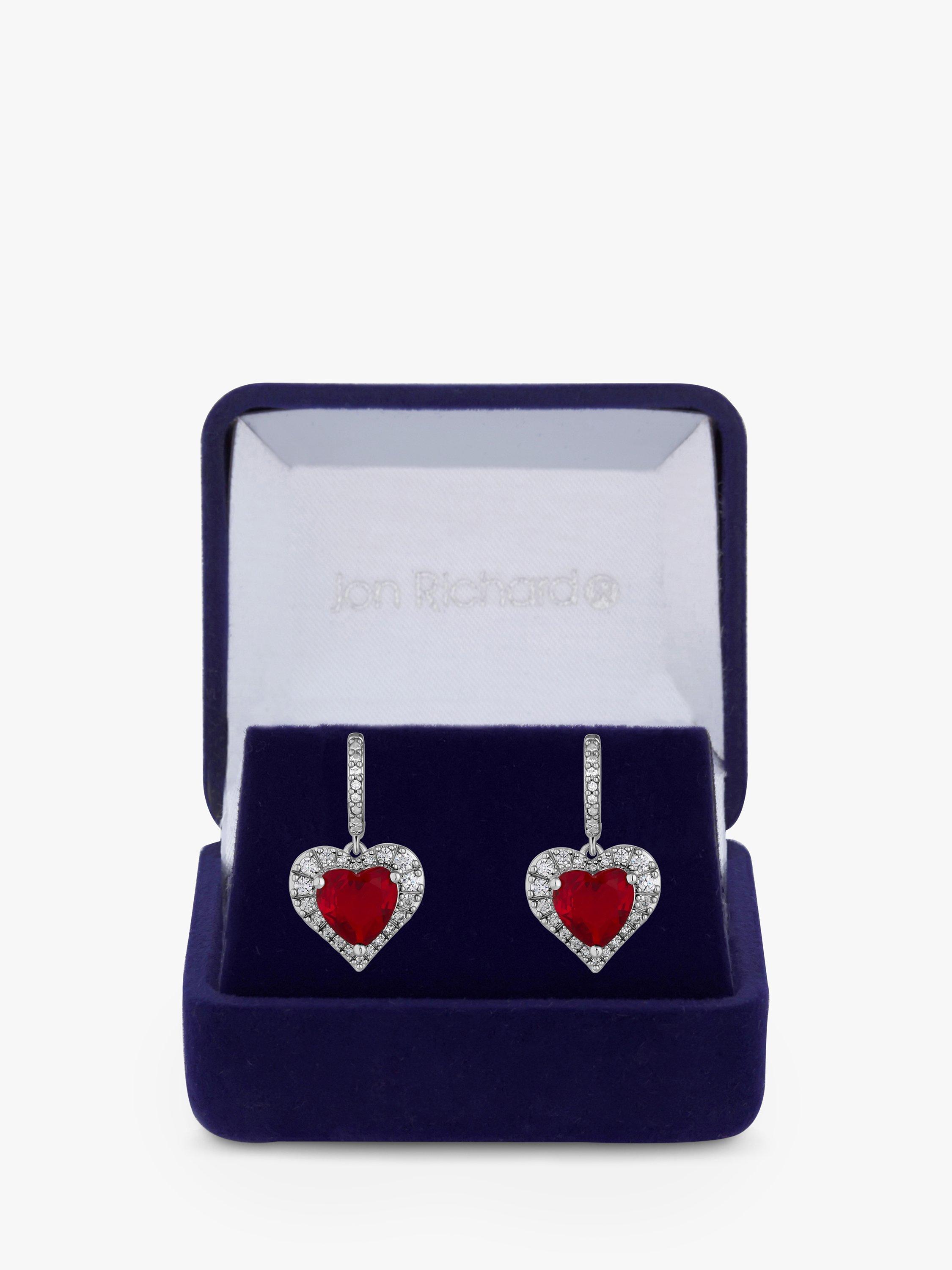 Product image 1 of 3, which shows Jon Richard Cubic Zirconia Heart Huggie Hoop Earrings, Silver/Red