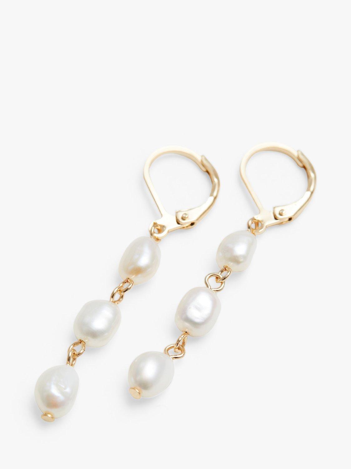 Product image 1 of 3, which shows Jon Richard Linear Freshwater Pearl Link Drop Earrings, Gold/White