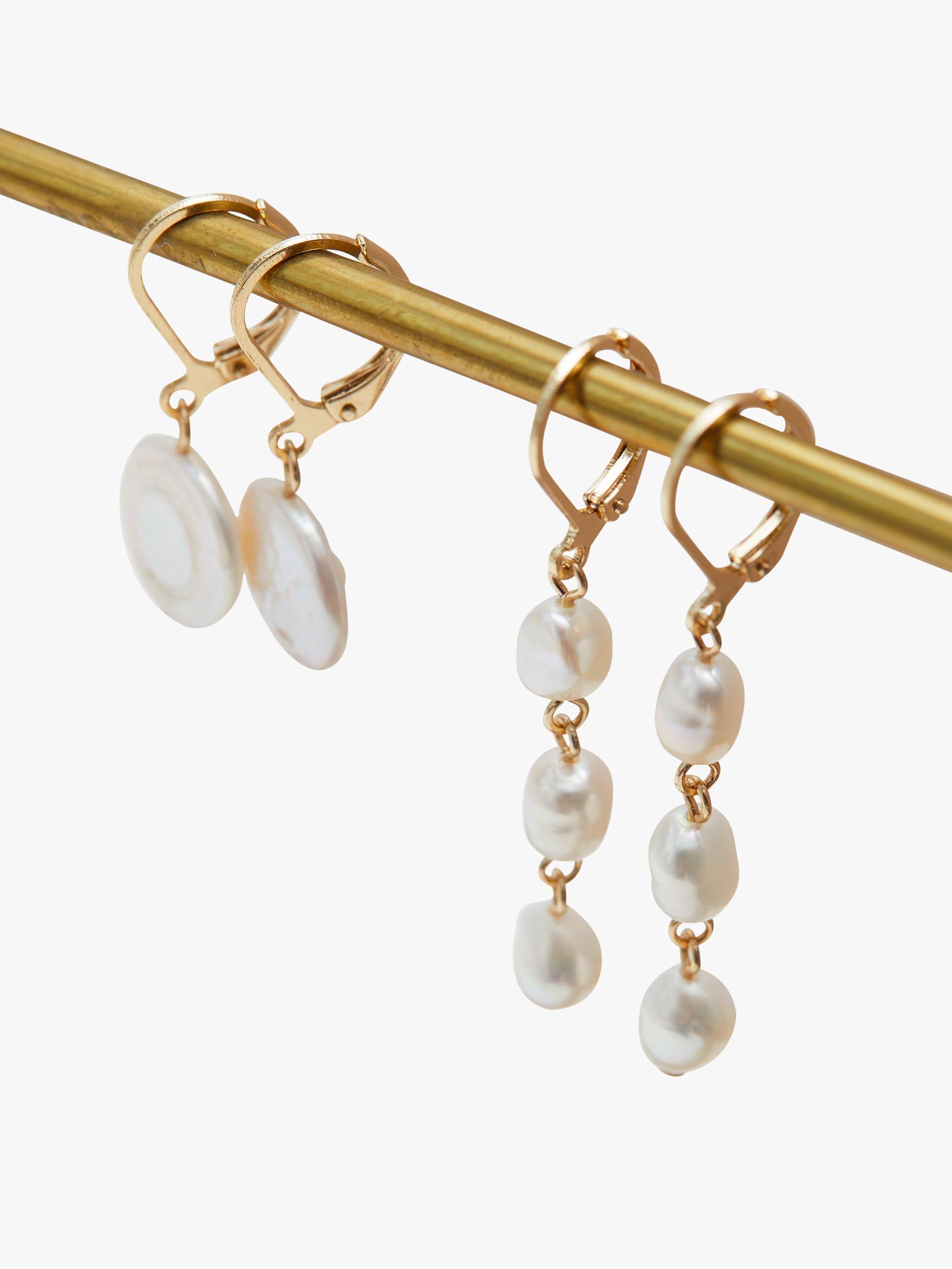 Product image 2 of 3, which shows Jon Richard Linear Freshwater Pearl Link Drop Earrings, Gold/White