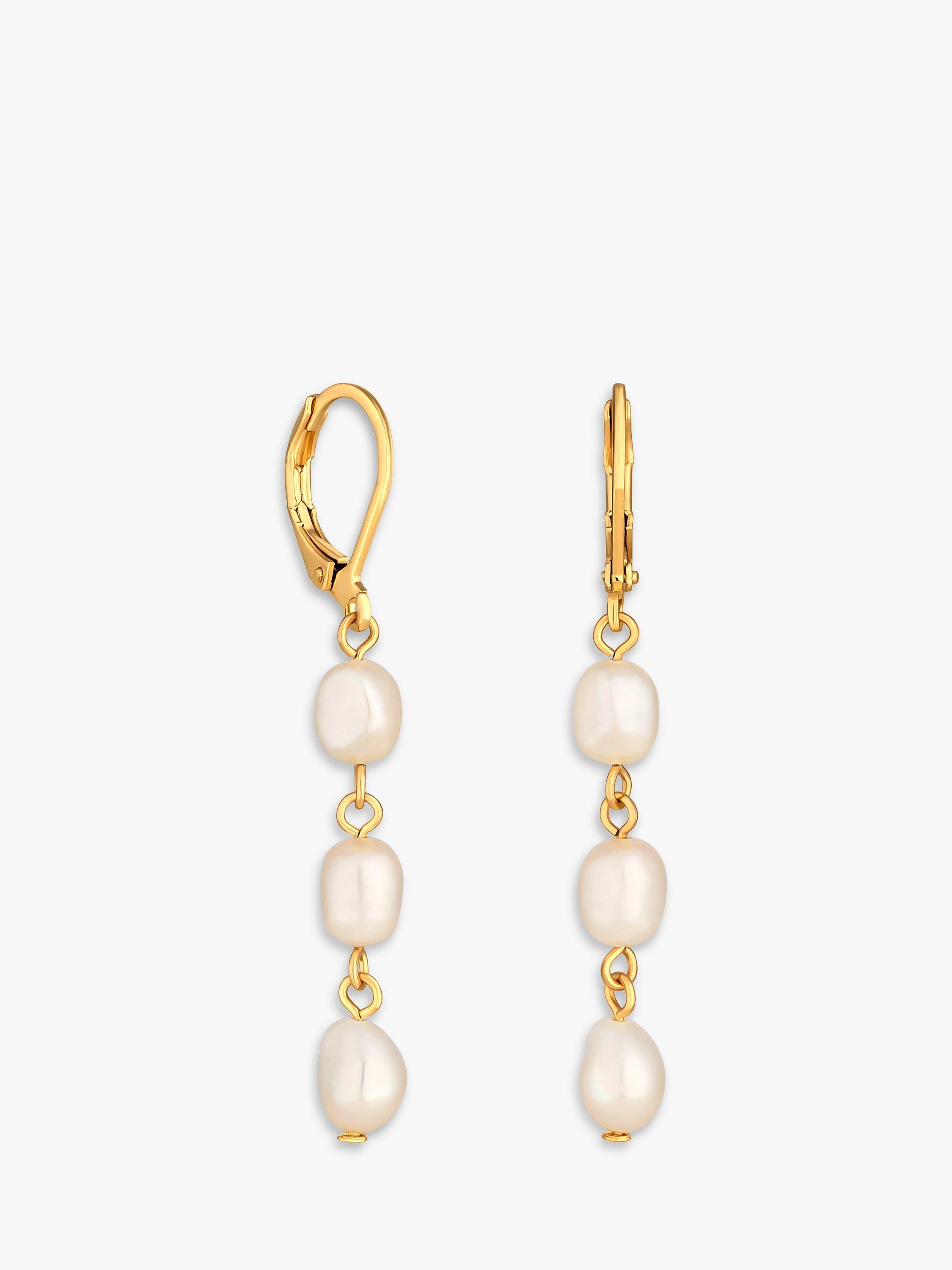 Product image 3 of 3, which shows Jon Richard Linear Freshwater Pearl Link Drop Earrings, Gold/White