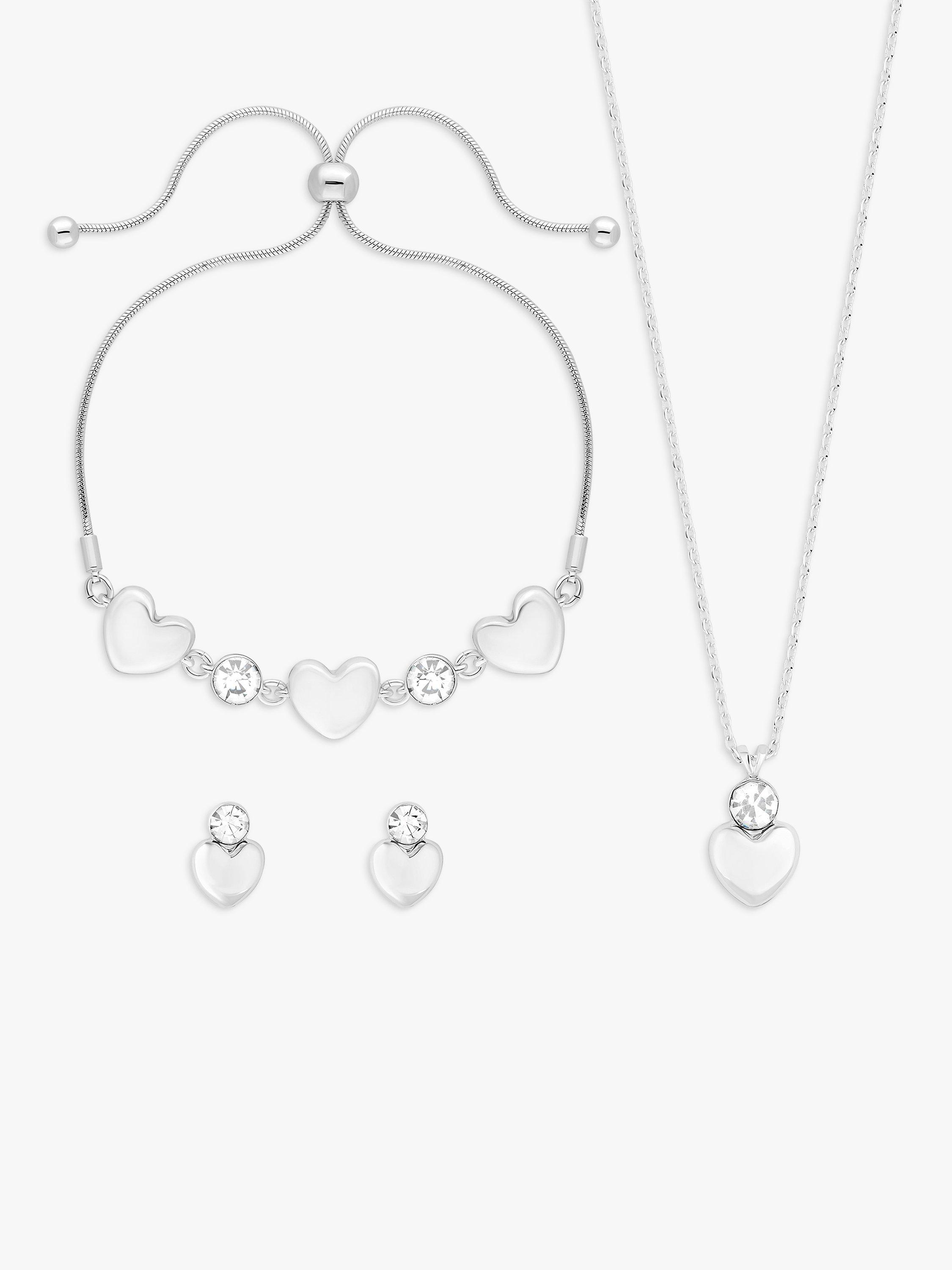 Product image 2 of 2, which shows Jon Richard Crystal Heart Stud Earrings, Necklace and Bracelet Jewellery Gift Set, Silver