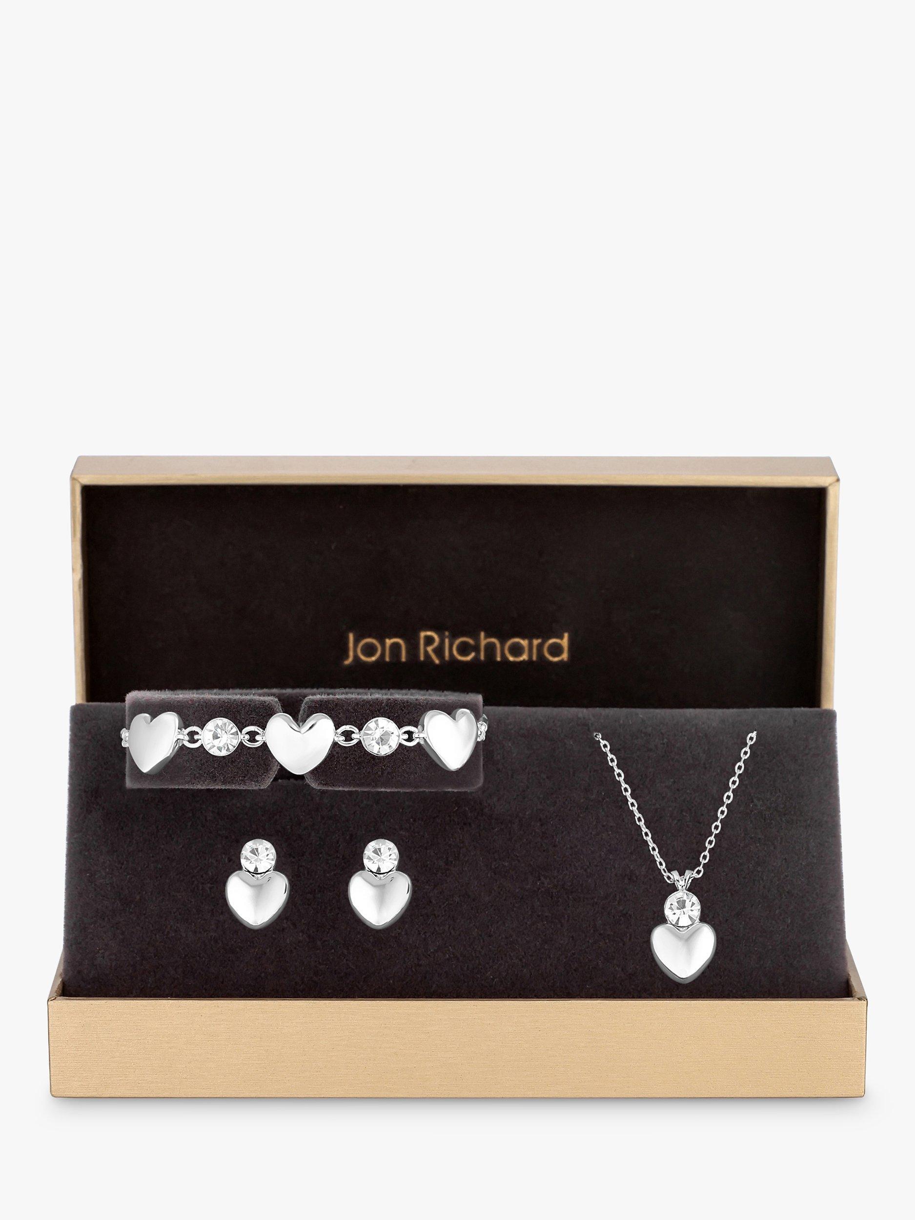 Product image 1 of 2, which shows Jon Richard Crystal Heart Stud Earrings, Necklace and Bracelet Jewellery Gift Set, Silver