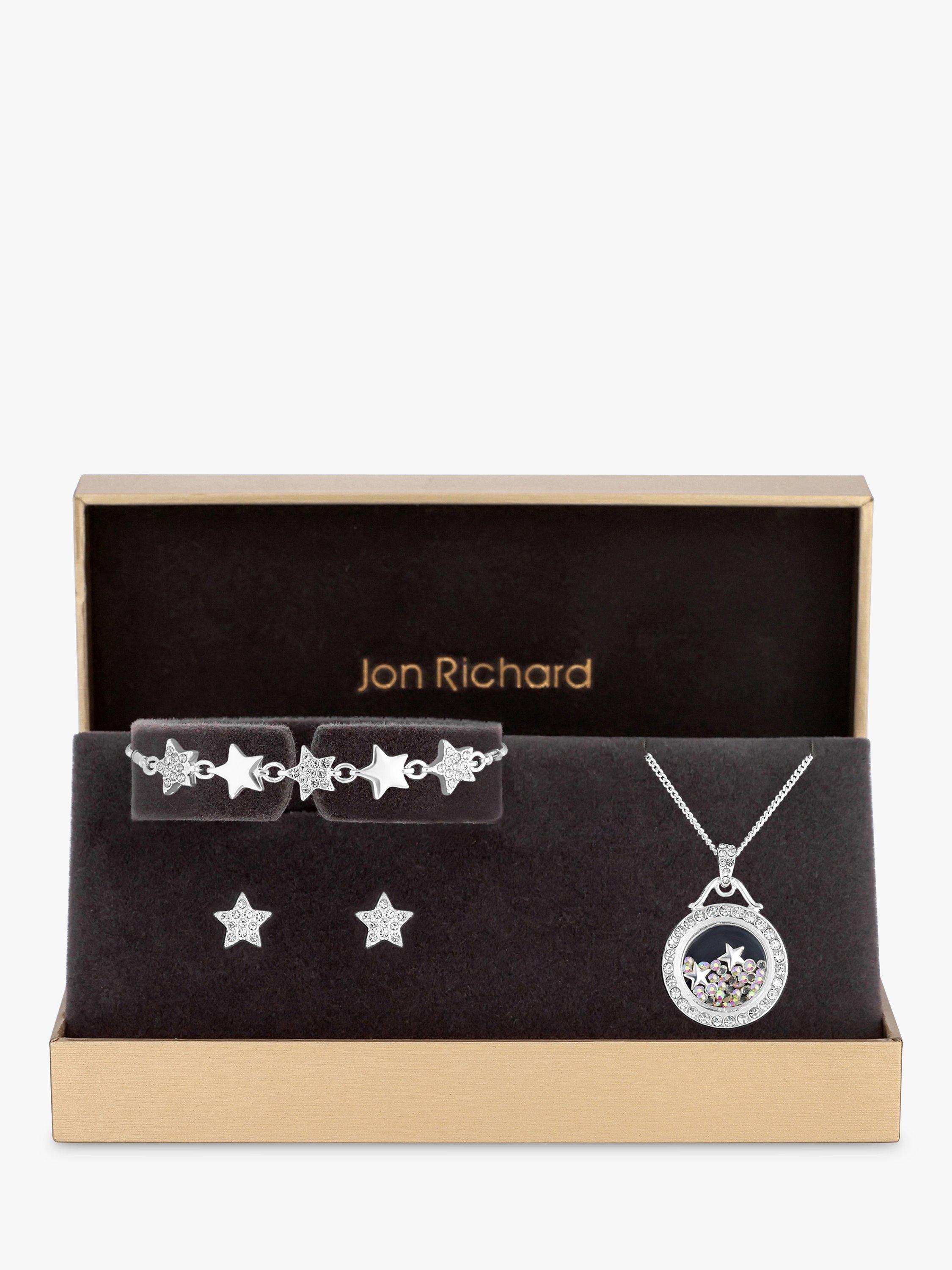 Product image 1 of 3, which shows Jon Richard Star Shaker Pendant Necklace, Stud Earrings & Bracelet Jewellery Gift Set, Silver
