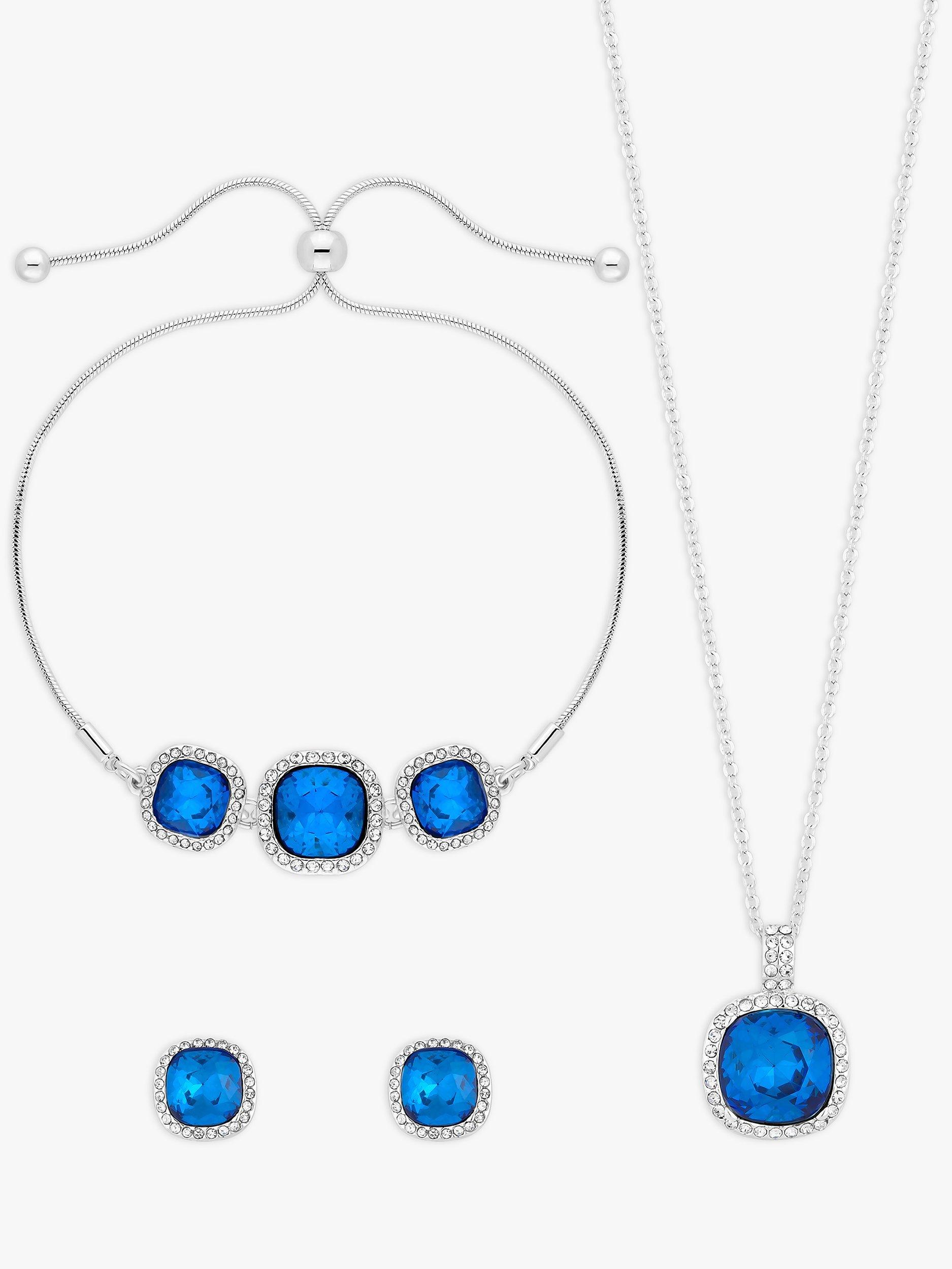 Jon Richard Crystal Stud Earrings, Necklace and Bracelet Jewellery Gift Set, Silver/Bermuda Blue