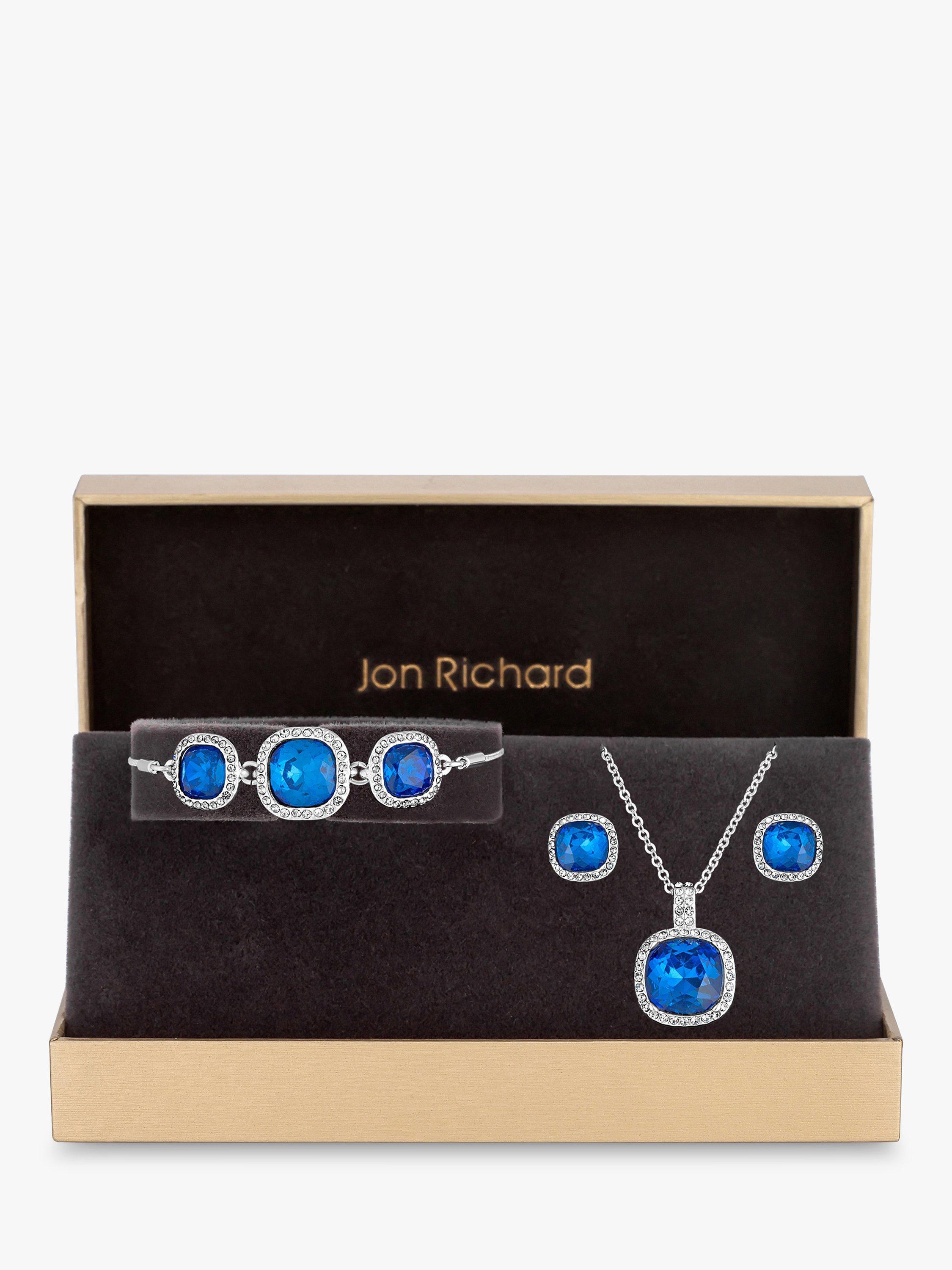 Jon Richard Crystal Stud Earrings, Necklace and Bracelet Jewellery Gift Set, Silver/Bermuda Blue