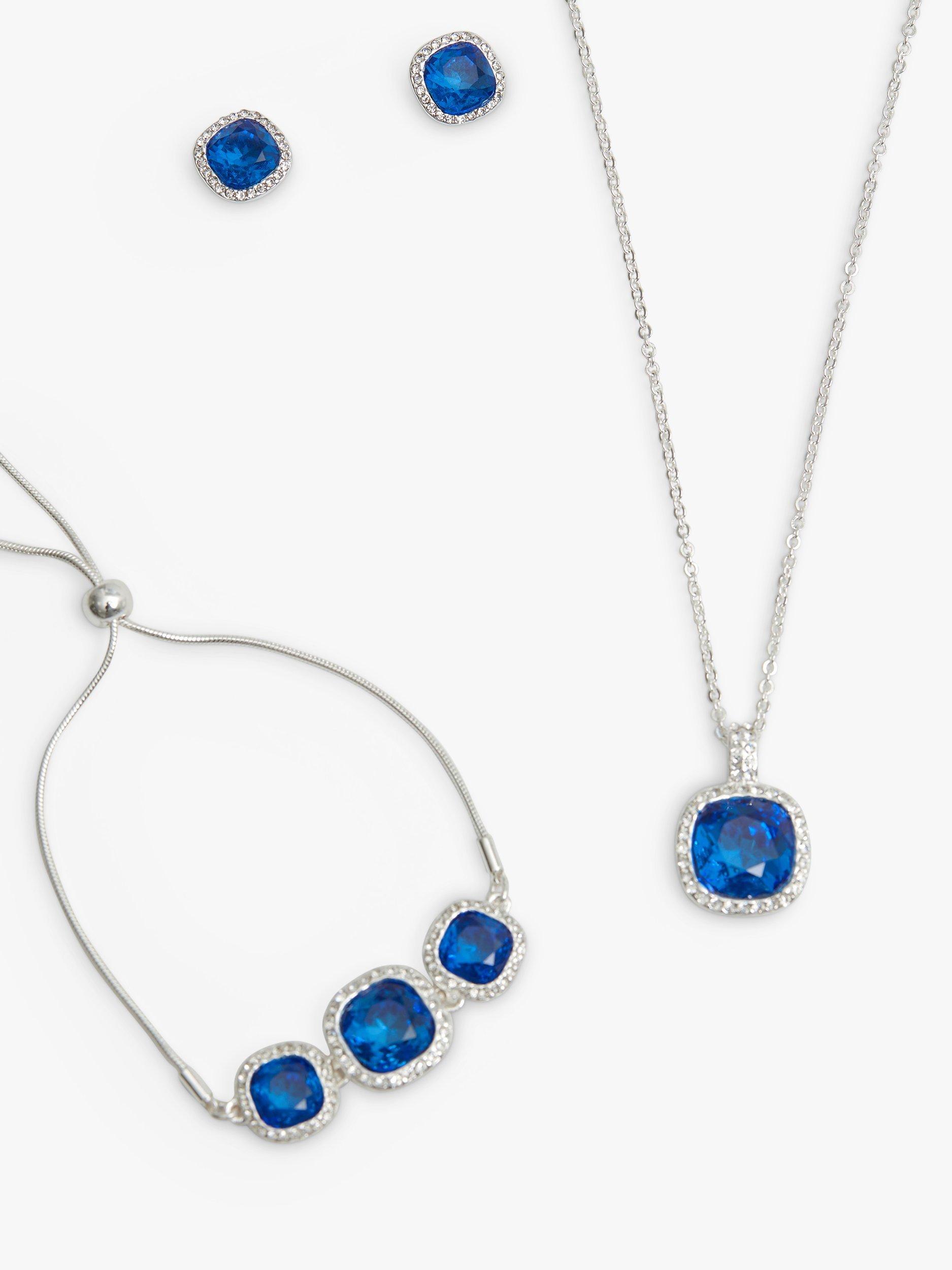 Jon Richard Crystal Stud Earrings, Necklace and Bracelet Jewellery Gift Set, Silver/Bermuda Blue