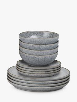 Denby Studio Grey Stoneware Coupe Dinnerware Set, 12 Piece, Grey, Grey