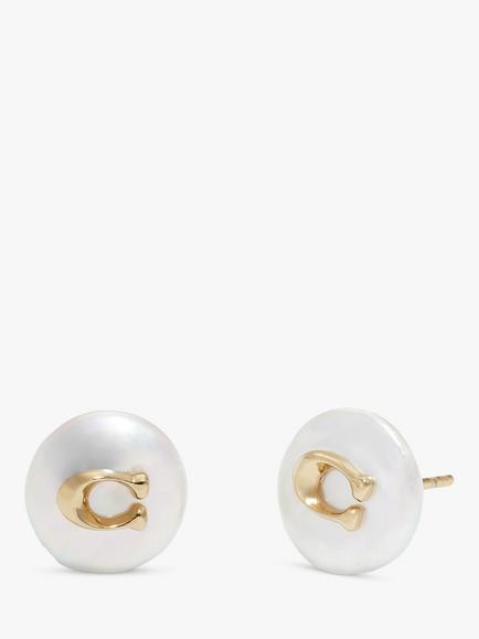 Coach Freshwater Pearl  Coin Stud Earrings, Gold, Gold