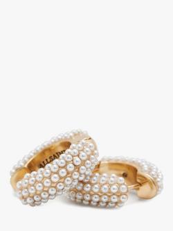 AllSaints Faux Pearl Chunky Huggie Hoop Earrings, Warm Brass - view 2, Warm Brass