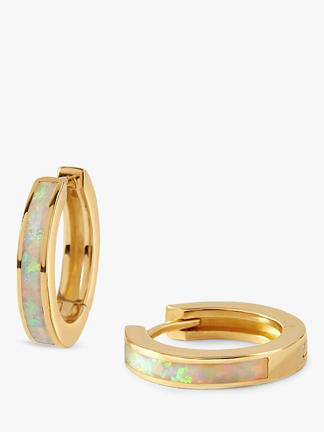 Product image 1 of 7, which shows Edge of Ember 14ct Gold Opal Huggie Hoop Earrings, Yellow Gold