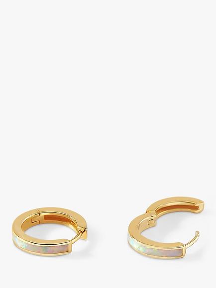 Edge of Ember 14ct Gold Opal Huggie Hoop Earrings - view 2, Yellow Gold