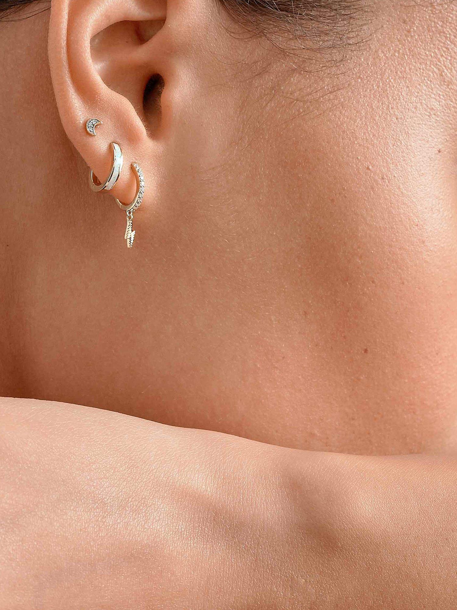 Product image 3 of 9, which shows Edge of Ember 14ct Gold Diamond Lightning Bolt Drop Hoop Earrings, Yellow Gold