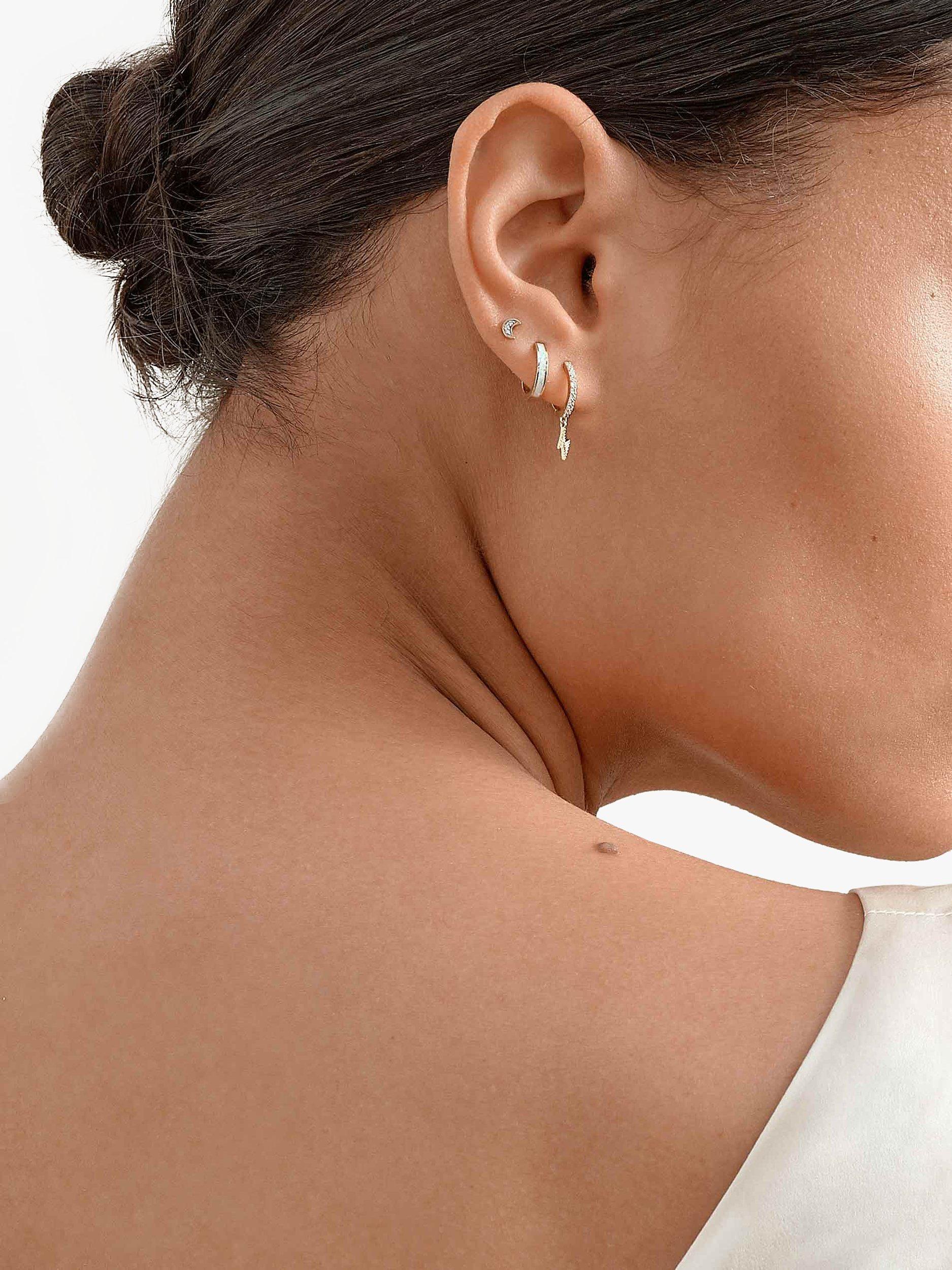 Product image 4 of 9, which shows Edge of Ember 14ct Gold Diamond Lightning Bolt Drop Hoop Earrings, Yellow Gold