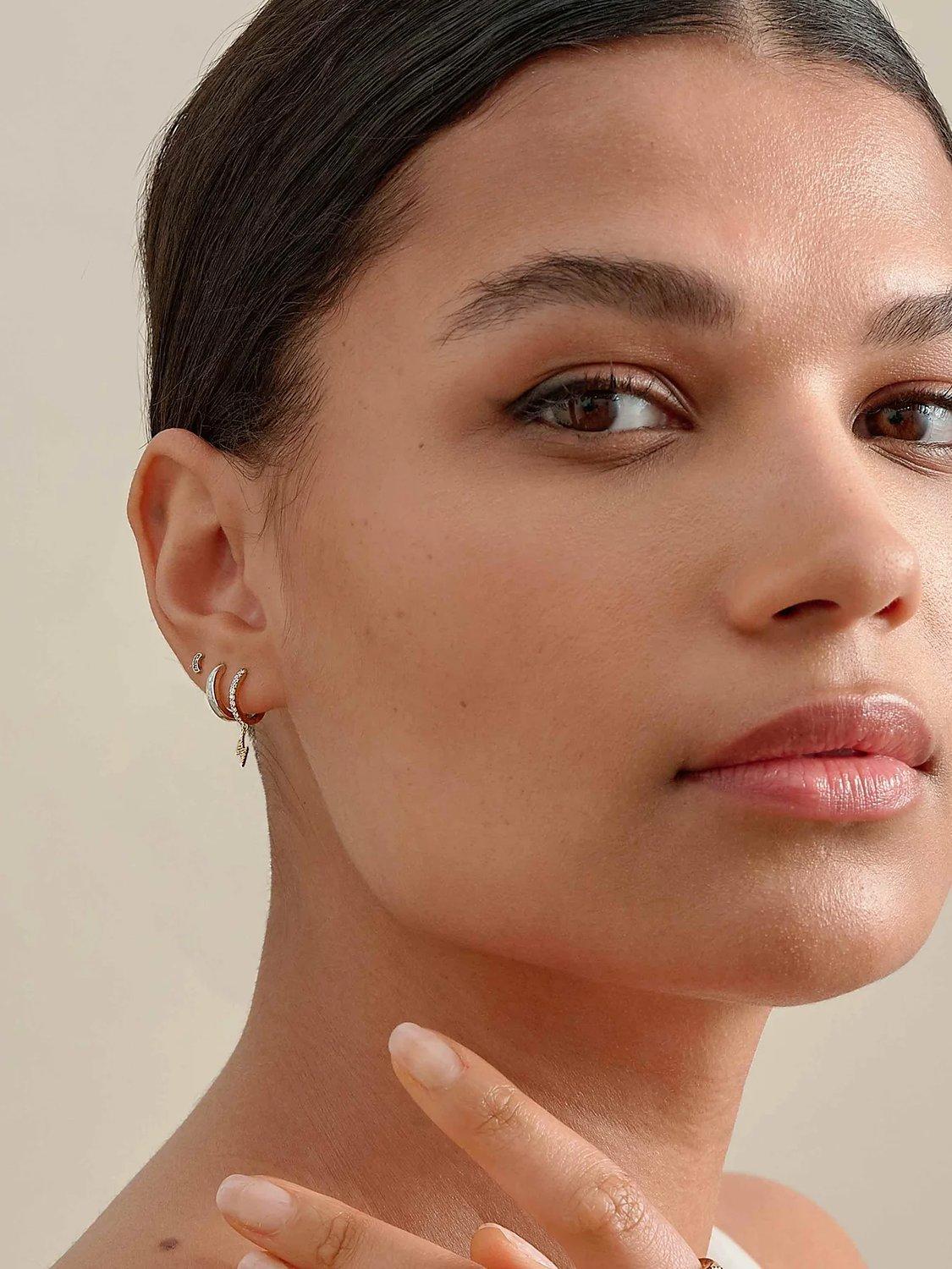 Product image 7 of 9, which shows Edge of Ember 14ct Gold Diamond Lightning Bolt Drop Hoop Earrings, Yellow Gold
