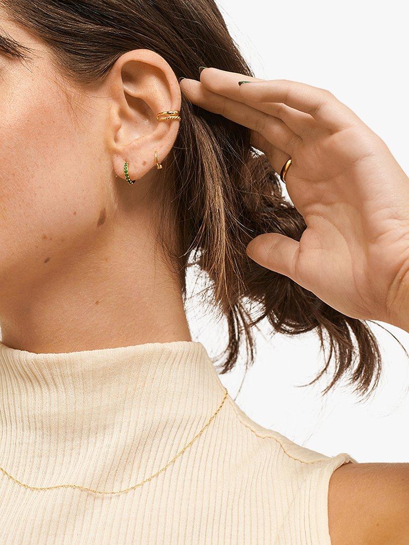 Product image 4 of 8, which shows Edge of Ember 14ct Gold Emerald Mini Hoop Earrings, Yellow Gold