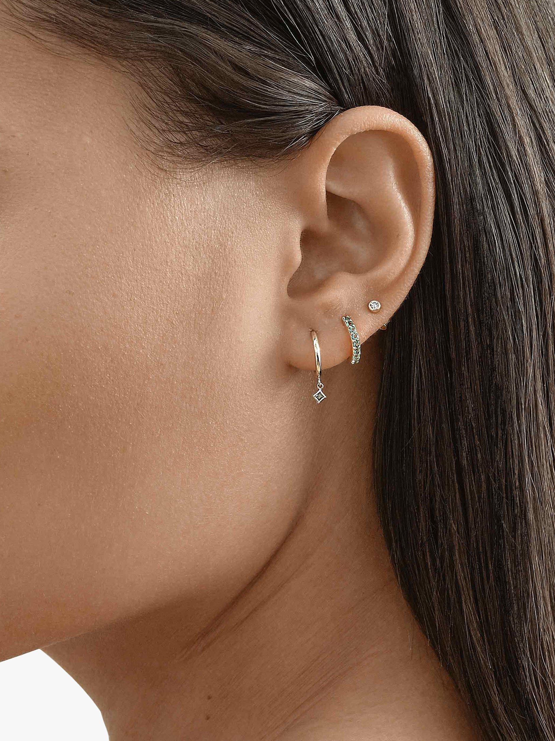 Product image 5 of 8, which shows Edge of Ember 14ct Gold Emerald Mini Hoop Earrings, Yellow Gold