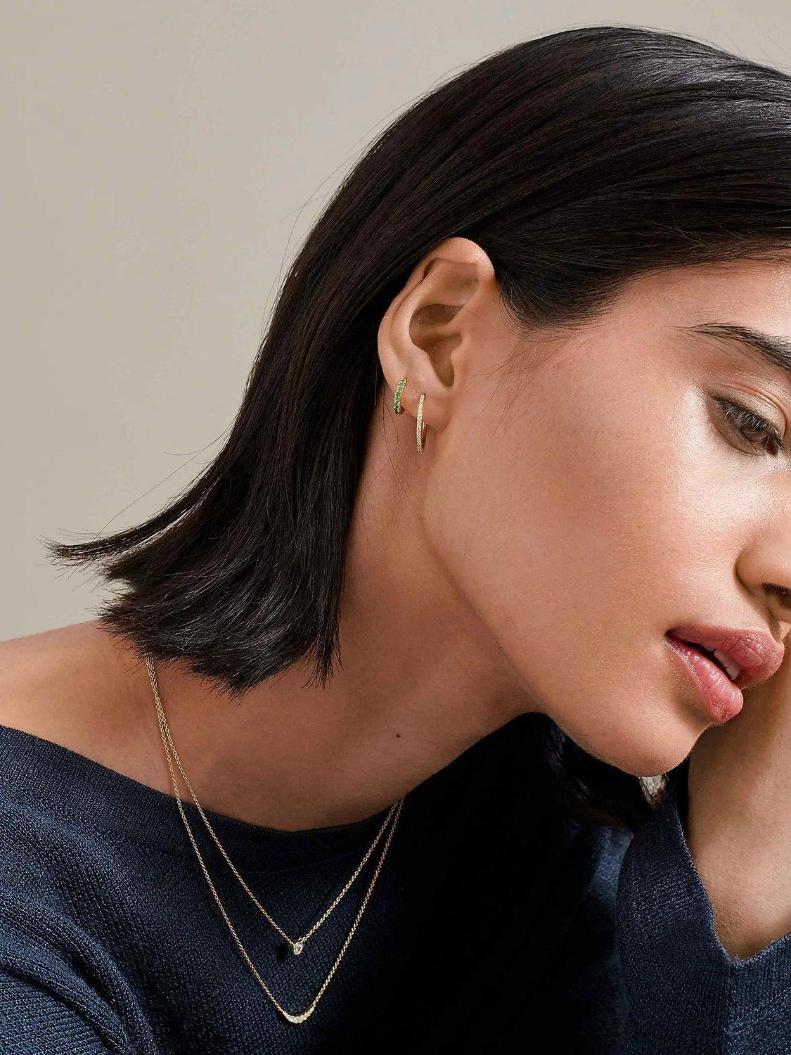 Product image 7 of 8, which shows Edge of Ember 14ct Gold Emerald Mini Hoop Earrings, Yellow Gold