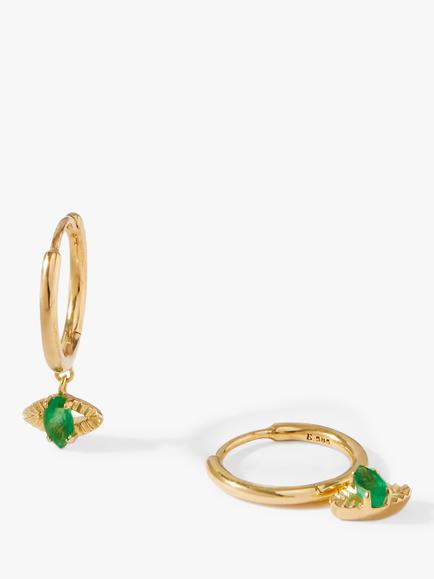 Edge of Ember 14ct Gold Emerald Evil Eye Huggie Hoop Earrings, Yellow Gold