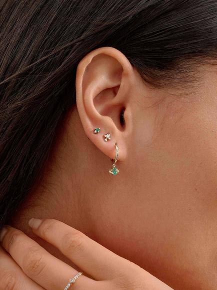 Edge of Ember 14ct Gold Emerald Evil Eye Huggie Hoop Earrings - view 2, Yellow Gold